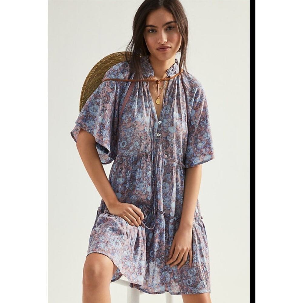 KINGA CSILLA Purple Blue Tiered Mini Dress Boho Floral Print Size Large